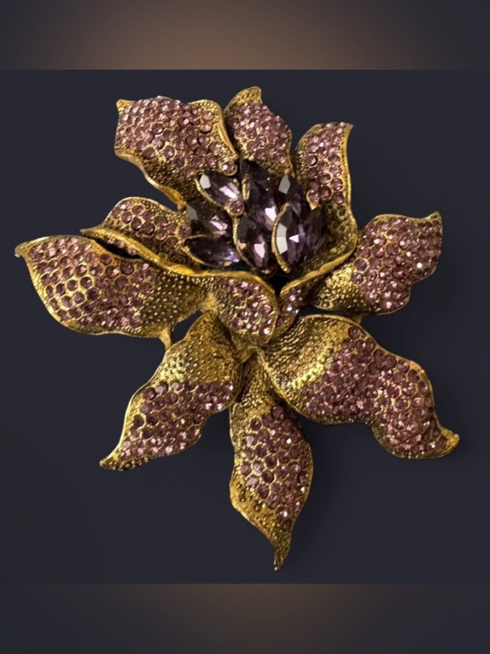Statement Floral Brooch – Gold-Tone Bloom with Purple Rhinestones | Contemporary